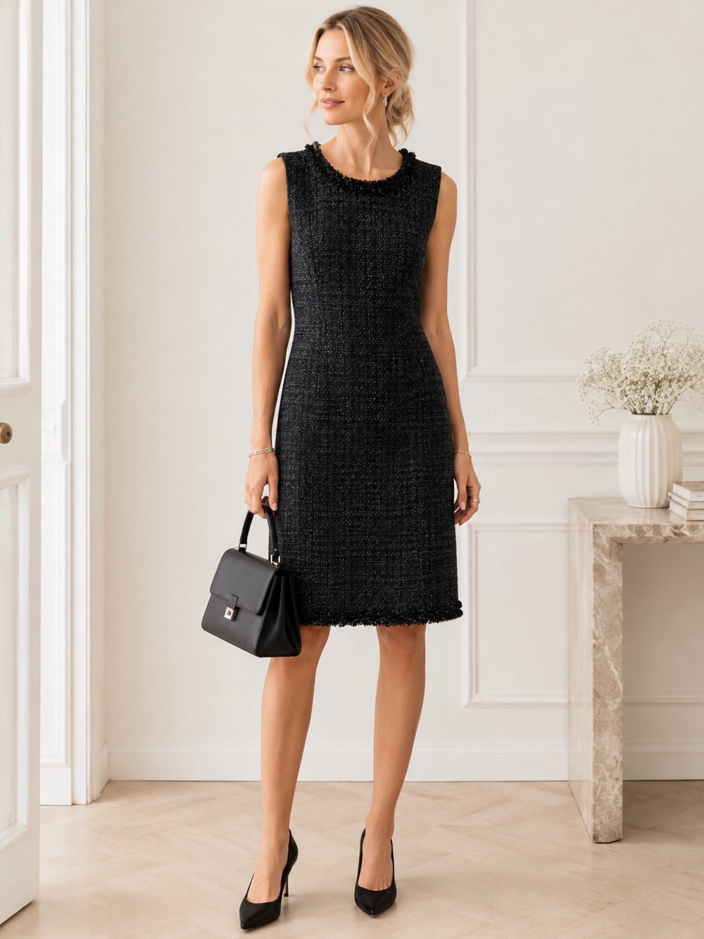 Talbots Textured Tweed Sheath Dress
Sleeveless Black Fringe Detail Lined, Size 8